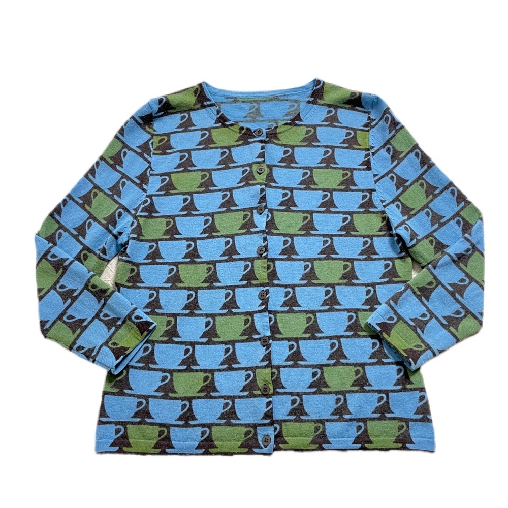 VTG Y2K Blue, Green, Brown Teacup Merino Wool Cardigan XS